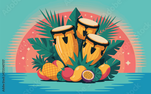 Tropical conga drums and fruit arrangement with palm leaves