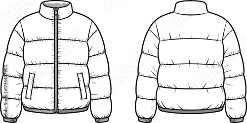 Puffer jacket flat sketch front and back, winter coat template design, quilted padded outerwear fashion technical drawing illustration