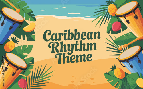 Caribbean beach scene with drums and tropical fruit