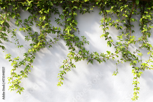 Vibrant green vines cascading down a textured white wall creating a fresh, natural design