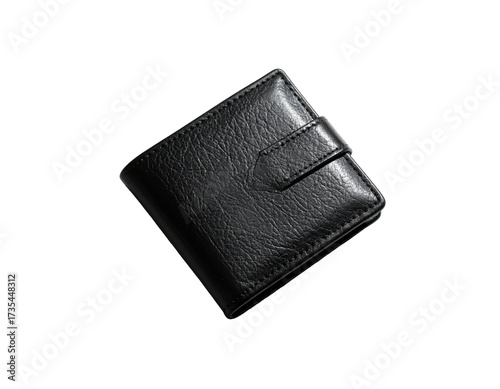 A close-up of a black leather bi-fold wallet with a snap closure on a black background