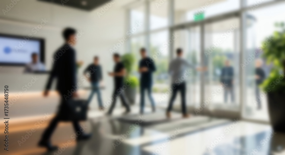 Fototapeta premium Defocused business people walking through a modern office lobby with a man in the foreground carrying a briefcase and moving with a sense of motion