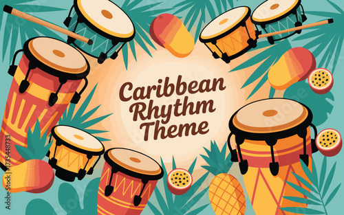 Caribbean Rhythm Drums Tropical Fruits and Leaves Illustration