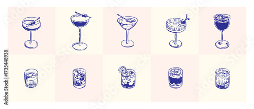 Hand-drawn cocktail set, doodle drinks drawings vector illustration,  whimsical art sketch for poster, sticker, greeting card, menu, invitation, postcard