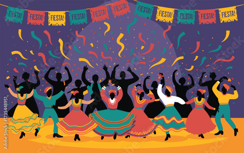 People dancing at a fiesta with confetti and banners