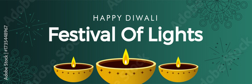 Happy Diwali Festival of Lights Banner with Glowing Oil Lamps