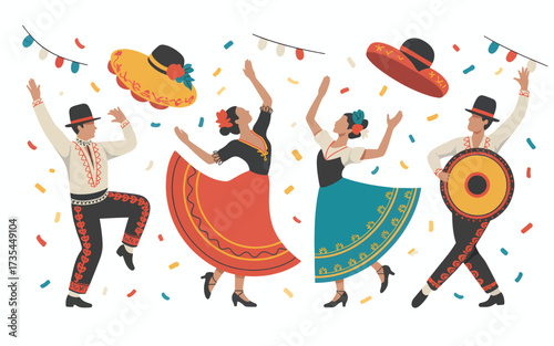 Four people in traditional Mexican attire dancing with confetti