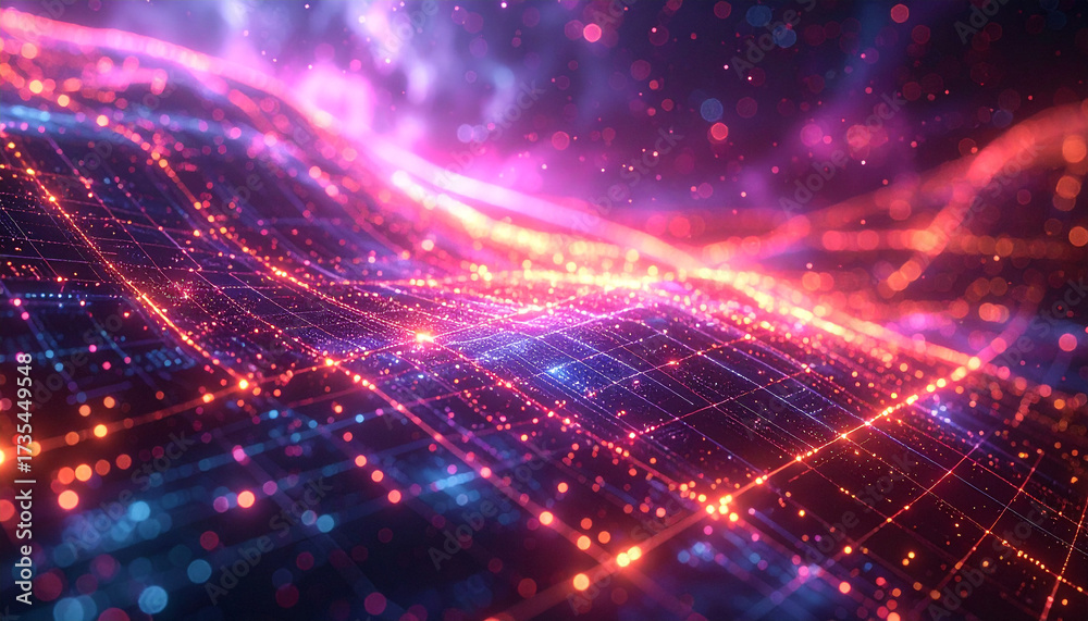 Fototapeta premium Digital data visualization: A mesmerizing digital representation of data flowing and interconnecting across a vibrant, three-dimensional landscape.