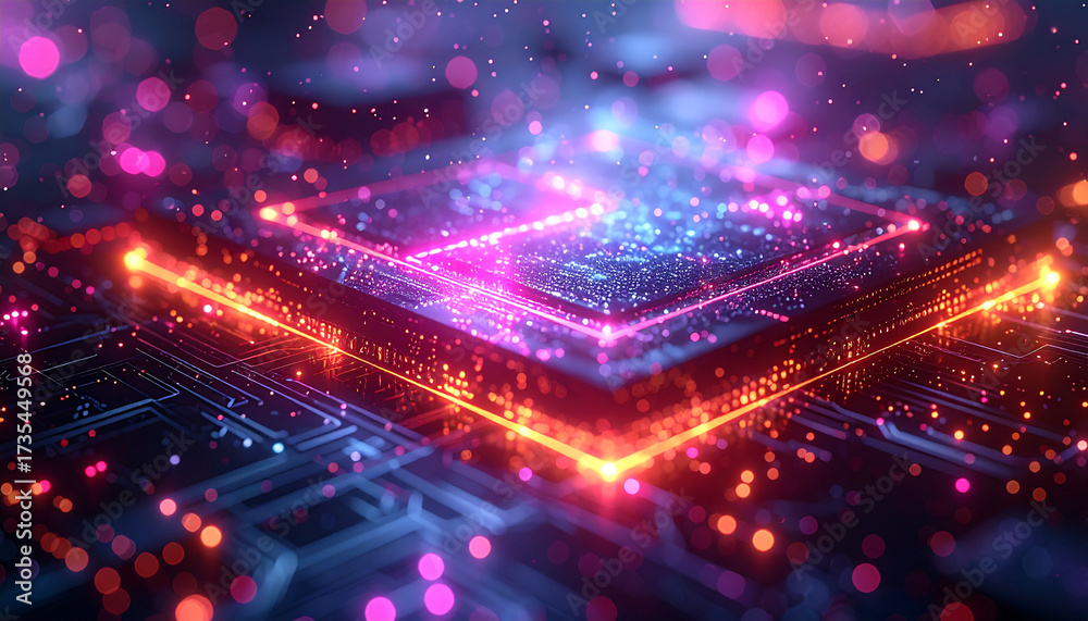 Obraz premium Illuminated Processor: A vibrant, abstract depiction of a computer processor core, glowing with electric lights and intricate circuitry. Evoking the power and complexity of modern digital technology.