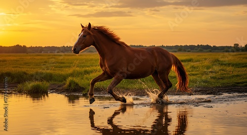 Majestic Chestnut Horse Galloping Through Water at Sunset