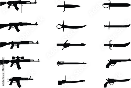 Weapon silhouette set, rifles, pistols, knives, swords, melee and firearm icons, black vector grid, cad drawing flat vector illustration