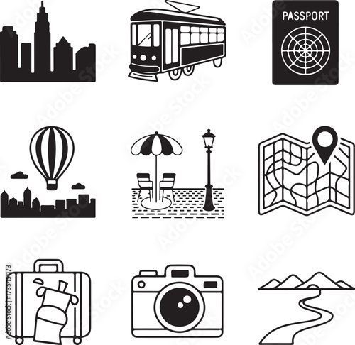 Set of nine detailed city tourism icons with transparent background city icons travel icons