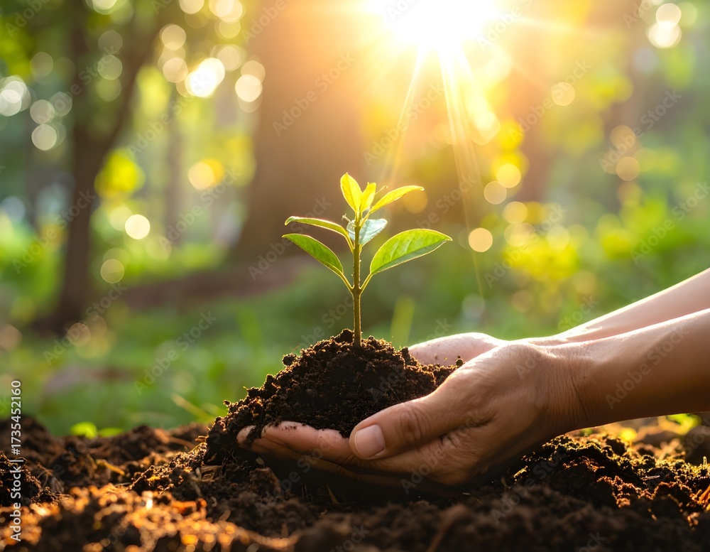custom made wallpaper toronto digitalHands planting green sapling in fertile soil with sunlight, symbolizing eco care, growth, and sustainability.