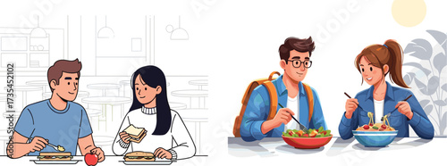 Young couple dining, cafeteria lunch, modern food setting, sandwich and salad, smiling interaction, casual meal, chopsticks, apple, vibrant decor, minimalist background, cultural contrast