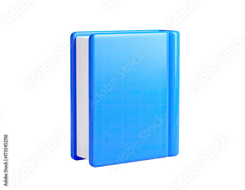 3D rendering of a closed blue book with white pages, set against black