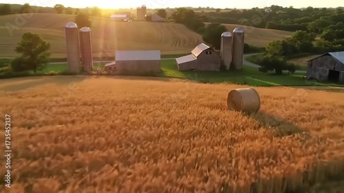 Aerial view of a rural agricultural landscape with fields barns and silos at sunset