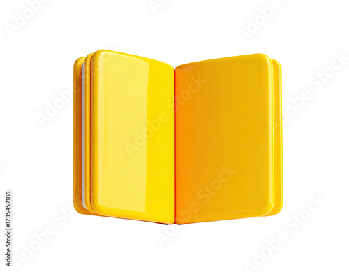 A glossy, golden book rendered with a 3D effect, open to reveal blank pages