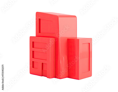 A minimalist, stylized 3D rendered building icon in a vibrant red color