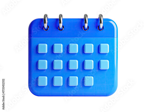 3D-rendered, blue calendar icon with silver binding, floating against black