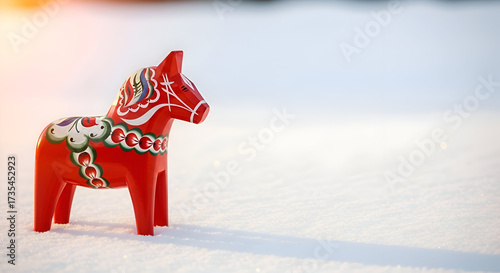 Swedish Red Dala Horse Carving Folk Art with Snowy Copy Space