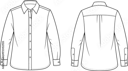 Men’s long sleeve shirt front and back view, button down fashion flat sketch, apparel template, CAD drawing, vector clothing illustration