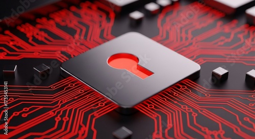 Cybersecurity Icon Keyhole on a Red Circuit Board, Data Protection