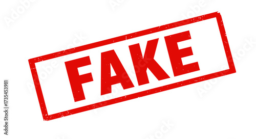 Red stamp with fake text warning authentic proof of deception information hoax mistake misleading content untrue not real genuine invalid isolated on white background