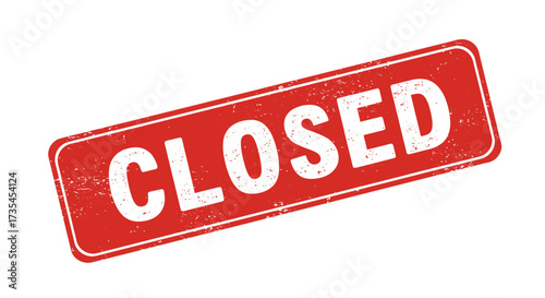 Rectangular red sign with the word closed in white bold capital letters angled for notice isolated on white background