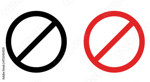 Two universal prohibition signs one black circle with red diagonal line one red circle with black diagonal line symbolic imagery isolated on white background