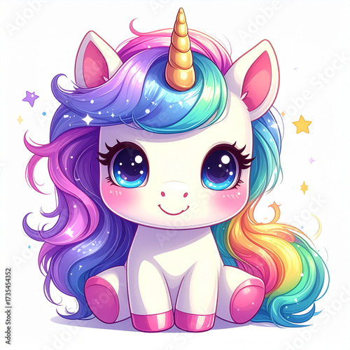 Adorable baby unicorn with rainbow mane, children’s illustration, generated AI
