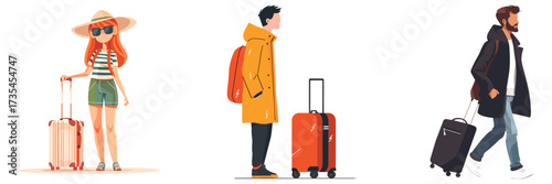 Cartoon traveler people walking with suitcases set – vector illustration