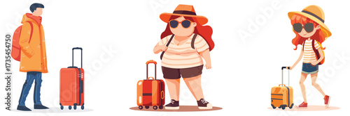 Cartoon people traveler characters with luggage set – vector illustration