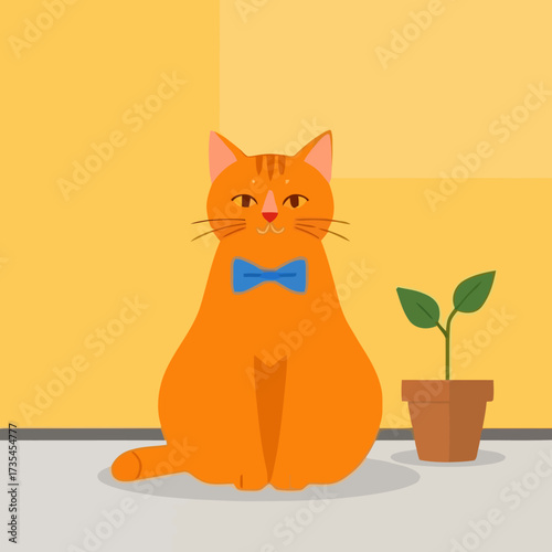 A charming flat illustration of a plump orange cat wearing a blue bow tie, sitting calmly next to a small green potted plant against a yellow wall.