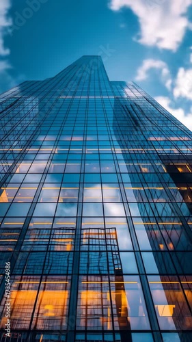Modern Glass Skyscraper at Dusk, Low Angle View