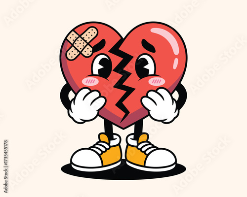 Sad broken heart character with bandaid