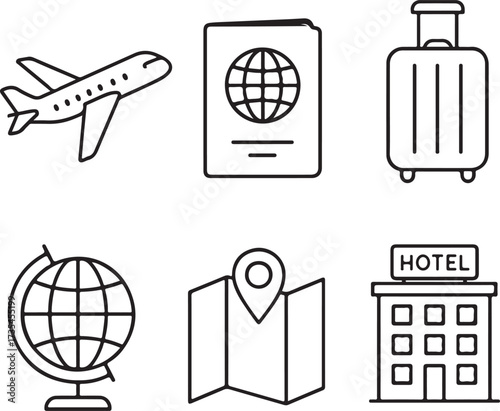 Travel linear icon pack, airplane, passport, suitcase, globe, map, hotel, thin outline vector design