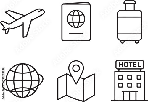 Travel linear icon pack, airplane, passport, suitcase, globe, map, hotel, thin outline vector design