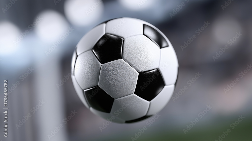 Fototapeta premium Highly detailed football with professional textures and shiny hexagonal panels suspended against minimal abstract background, ideal for creative sports projects and graphic mockups