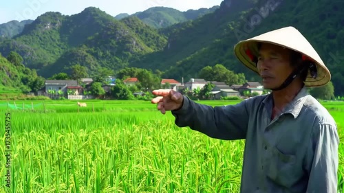 Asian farmer examines rice crop in a vibrant green agricultural field during daylight hours with rural mountain backdrop