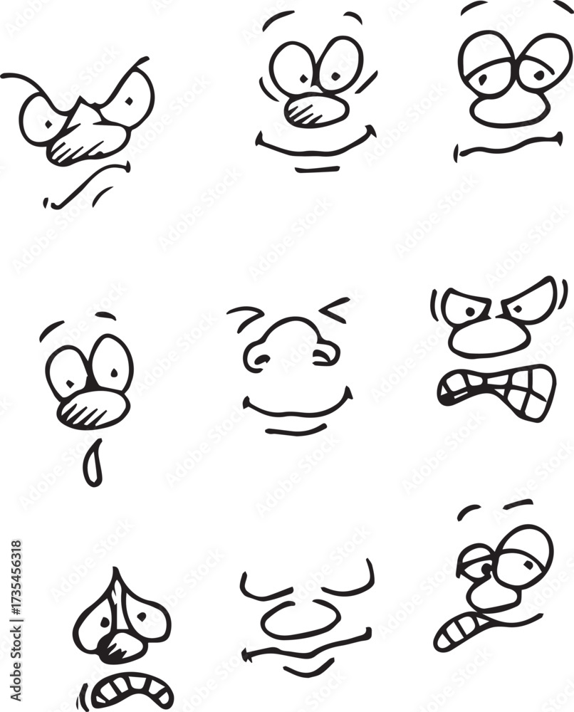 Fototapeta premium set, doodle, cartoon, funny, face, expression, happy, emotion, character, cute, vector, icon, smile, collection, illustration, angry, isolated, fun, design, emoticon, sad, comic, element, mouth, graph