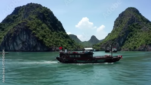 Boat navigating calm waters between lush green limestone mountains under a bright blue sky