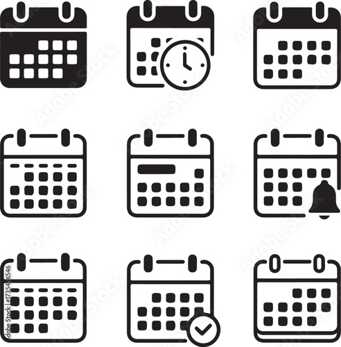 Set of nine detailed online calendar icons with transparent background vector