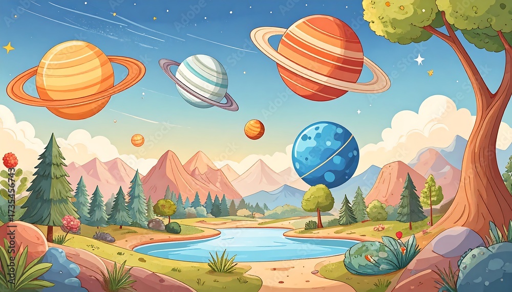 Fototapeta premium Colorful cartoon planets over a serene landscape
