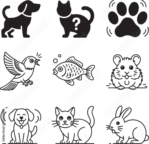 Nine Detailed Pet Communication Icons with Transparent Background animal icons bird