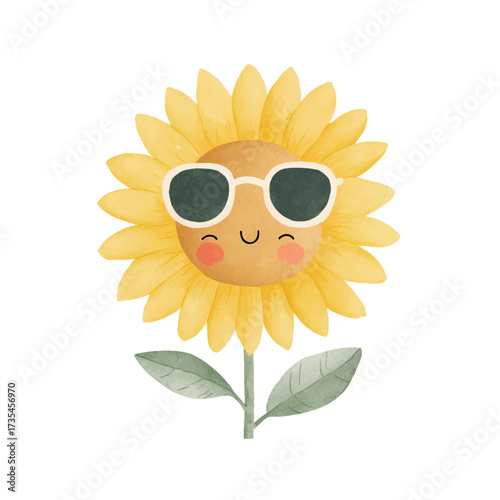 Cute Sunflower with Sunglasses Watercolor Summer Flower Illustration.