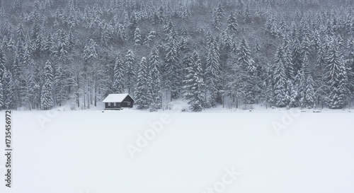 Winter landscape featuring a small cabin nestled amidst snow covered trees with a pristine white foreground under overcast skies
