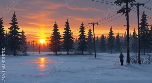 Winter landscape with sunset silhouetted trees and person silhouette nature photography
