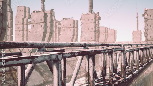 A desolate view of crumbling buildings stretches into the distance, framed by rusted metal walkways under a soft twilight sky. Dust hangs in the air, evoking a sense of isolation.