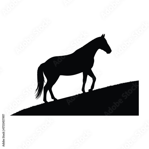 Silhouette of a horse walking uphill against a white background