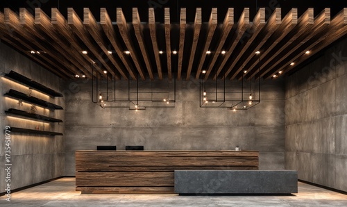Modern reception area with exposed wood beams and concrete walls.